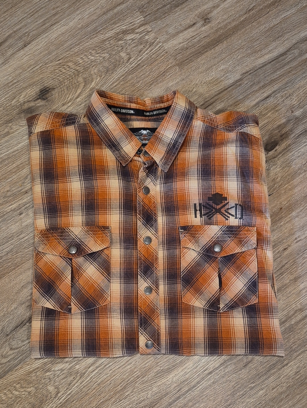 Harley‑Davidson Orange and Brown Plaid Button-Down Work Shirt